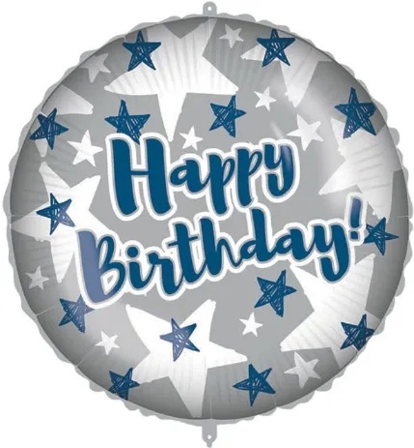 Bal�nek f�liov� Happy Birthday st��brn� s hv�zdami 46 cm