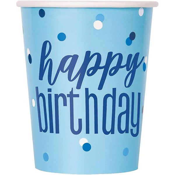 Kel�mky pap�rov� Happy Birthday modr� s punt�ky 270 ml 8 ks